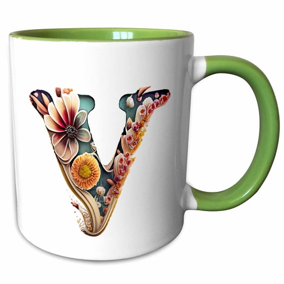 3drose, Boho Floral Monogram Initial V, 11oz Two-tone Green Mug
