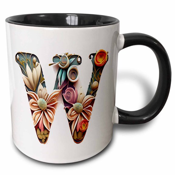 3drose, Boho Floral Monogram Initial W, 11oz Two-tone Black Mug