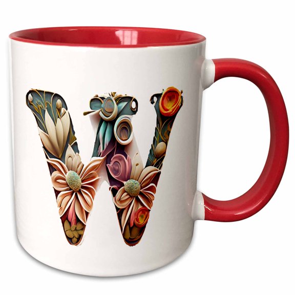 3drose, Boho Floral Monogram Initial W, 11oz Two-tone Red Mug