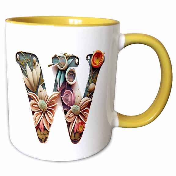 3drose, Boho Floral Monogram Initial W, 15oz Two-tone Yellow Mug