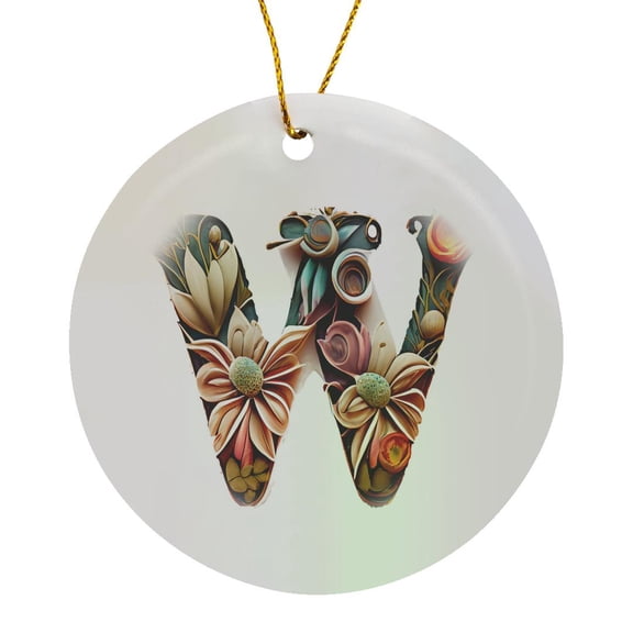 3drose, Boho Floral Monogram Initial W, Circle Porcelain Ornament
