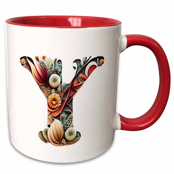 3drose, Boho Floral Monogram Initial Y, 15oz Two-tone Red Mug