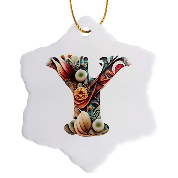 3drose, Boho Floral Monogram Initial Y, 3 inch Snowflake Porcelain Ornament