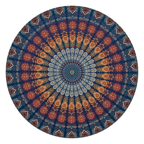Boho Floral Motif Round Tablecloth with Elastic Band, 44 Inch Fits 38-42 Inch Tables, Spill Resistant