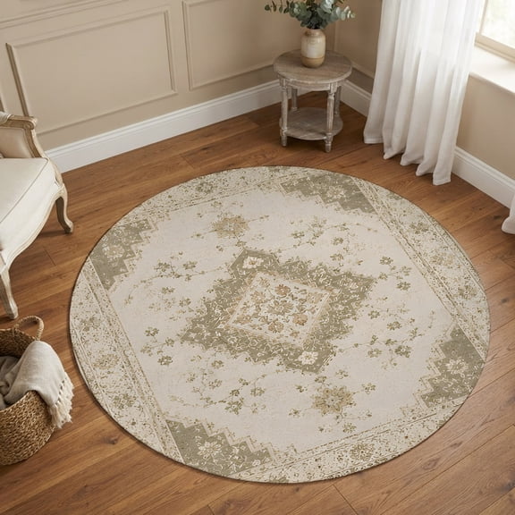 Boho Floral Motifs 3FT Round Area Rug Vintage Distressed Green Beige Flower Pattern Small Round Rugs Non-Slip, Ultra-Thin Washable Rug Low Pile Circle Carpet for Bedroom Kitchen Nursery