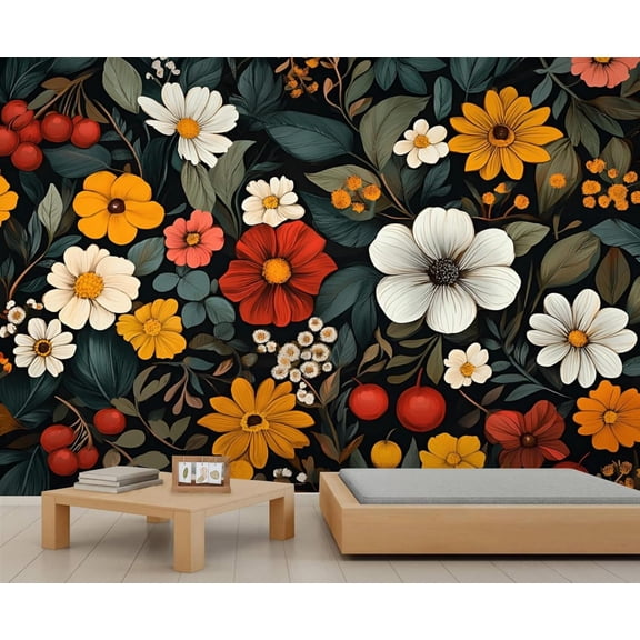 Boho Floral Mural - Floral Botanical Wall Paintings, Watercolor Art 3D Wall Mural For Living Room Bedroom, Flower Murals 98.4"W x 68.9"H (Not Peel and Stick)