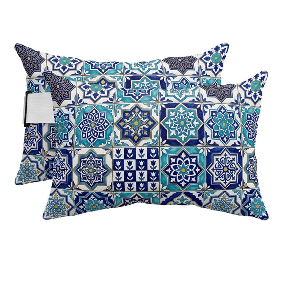 Boho Floral Outdoor Pillows for Chaise Lounge Chair Beach Headrest Pillow Set of 2 Waterproof Lumbar Pillows with Insert&Adjustable Strap Southwestern Aztec Abstract Patterned Art Pool Pillow 12"x20"