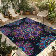 Boho Floral Outdoor Rug 4x6 Ft - Reversible Patio Rug Outdoor Camping Rugs, Abstract Bohemia Flower Plant Black Washable Indoor Outdoor Area Rugs, Non-Slip Outdoor Carpet Runner for Deck/Porch