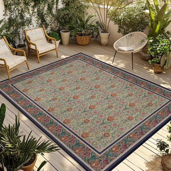 Boho Floral Outdoor Rug for Patio/Deck/Porch, Non-Slip Large Area Rug 4 x 6 Ft, Vintage Flowers Abstract Art Ethic Tribe Indoor Outdoor Rugs Washable Area Rugs, Reversible Camping Rug Carpet Runner