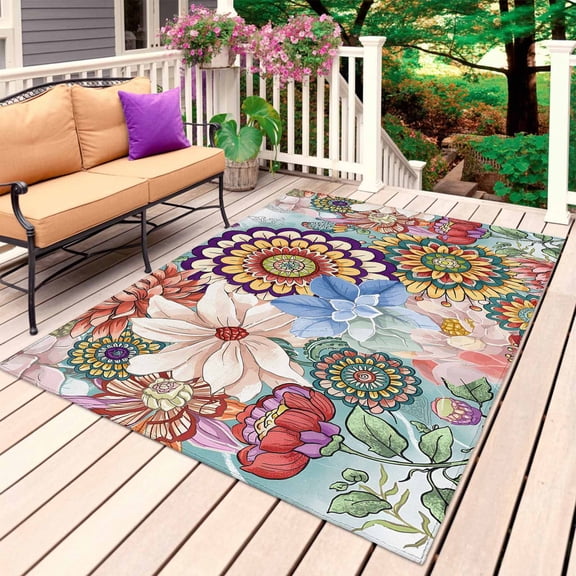 Boho Floral Outdoor Rug for Patio/Deck/Porch, Non-Slip Large Area Rug 5 x 7 Ft, Bohemia Colorful Mandalas Botanical Flower Indoor Outdoor Rugs Washable Area Rugs, Reversible Camping Rug Carpet Runner