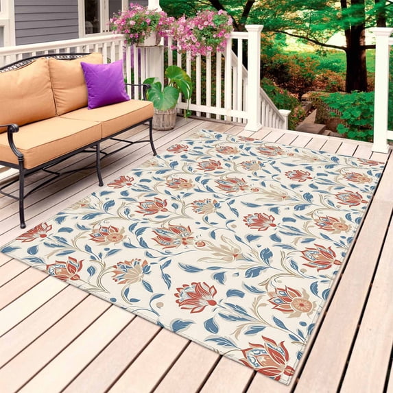 Boho Floral Outdoor Rug for Patio/Deck/Porch, Non-Slip Large Area Rug 5 x 7 Ft, Modern Watercolor Red Blue Flower Plant Indoor Outdoor Rugs Washable Area Rugs, Reversible Camping Rug Carpet Runner