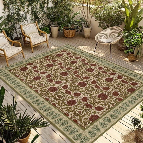 Boho Floral Outdoor Rug for Patio/Deck/Porch, Non-Slip Large Area Rug 5 x 8 Ft, Modern Geometric Ethnic Abstract Flowers Red Green Indoor Outdoor Rugs Washable Area Rugs, Camping Rug Carpet Runner