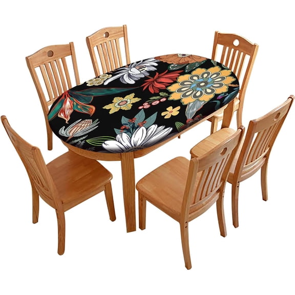 Boho Floral Oval Fitted Tablecloth, Flowers Black Vintage Elastic Edged Table Covers, for Kitchen Dining, Party, Holiday, Buffet, 48" x 68" (Oval)