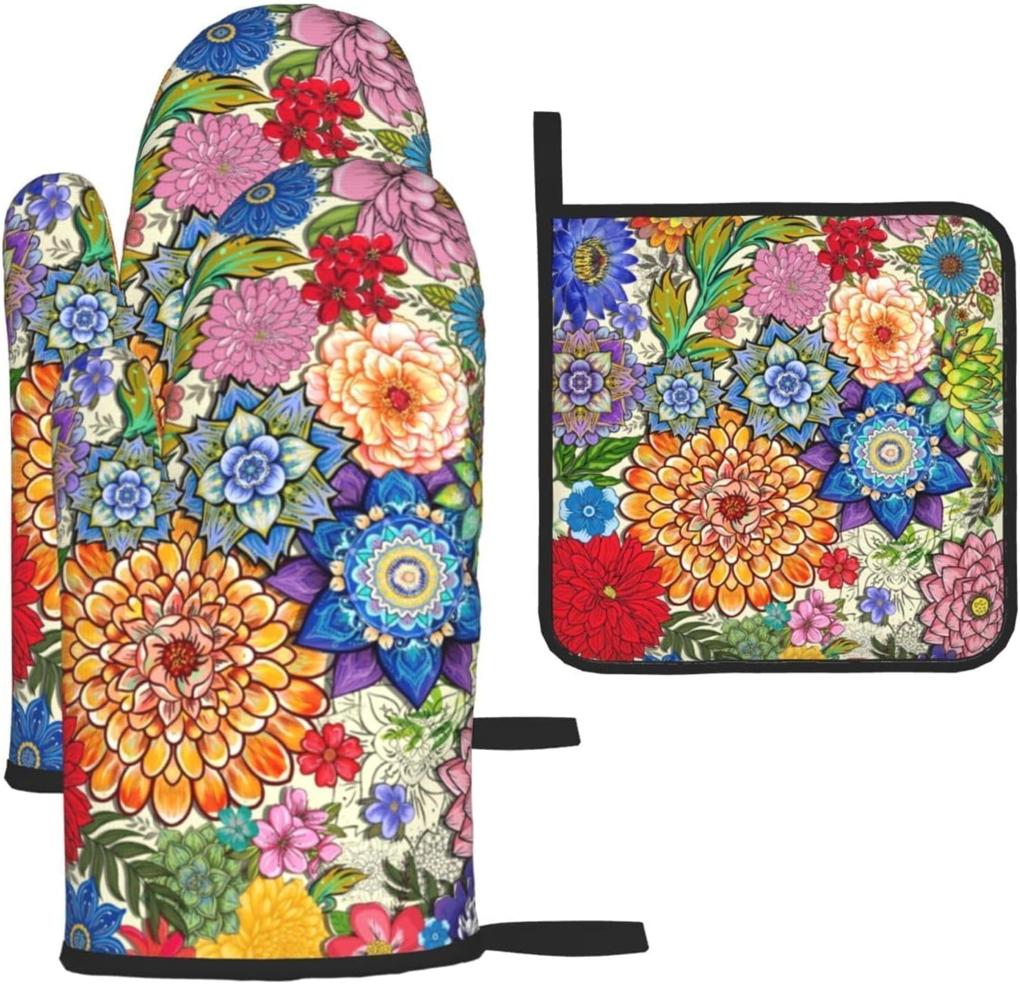 Boho Floral Oven Mitts and Pot Holders Sets of 3, Colorful Flowers Heat Resistant Kitchen Gloves Hot Pads, Chef Baking Gifts for Baker Women Mom Wife, Kitchen Gifts for Cooking Lover Cooks Hostress