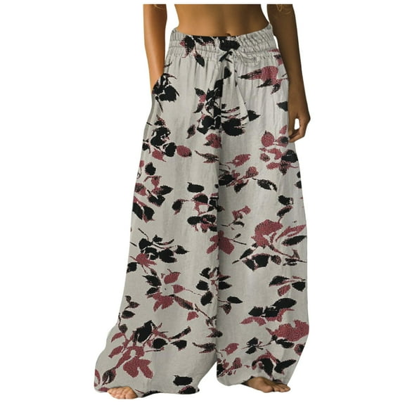 Boho Floral Palazzo Pants - Women's High Waist Flowy Beach Trousers, Summer Wide Leg Casual Pants | Yubnlvae (Beige | 3XL)