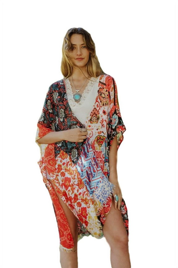 Boho Floral Patchwork Kimono (One-Size, Sky-Blue-Multi)