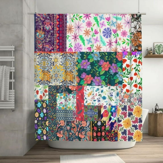 Boho Floral Patchwork Shower Curtain for Bathroom, Retro Vintage Bohemian Flower Country Bath Bathtub Curtain Home Art Decor Waterproof Fabric with 12 Hooks, 72x72 inches