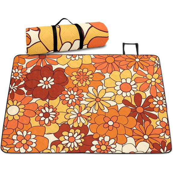 Boho Floral Picnic Blankets 60x80 Retro Groovy Flowers Picnic Mat 60S 70S Hippie Flower Power Picnic Outdoor Blanket for Kids Girls Groovy Natural Garden Botanical Orange Brown Picnic Beach Blanket