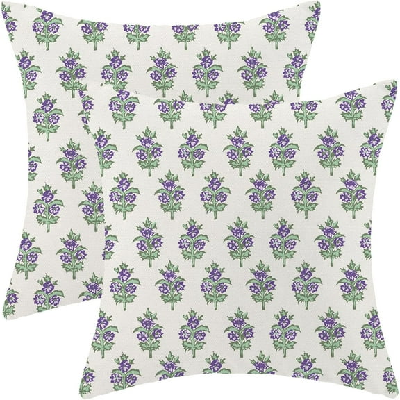 Boho Floral Pillow Covers 18 x 18 Inch, Purple Sage Green Vintage Flower Decor Throw Pillows for Couch Bed, Spring Summer Outdoor Farmhouse Decorative Pillowcase Linen Cushion Cover Set of 2