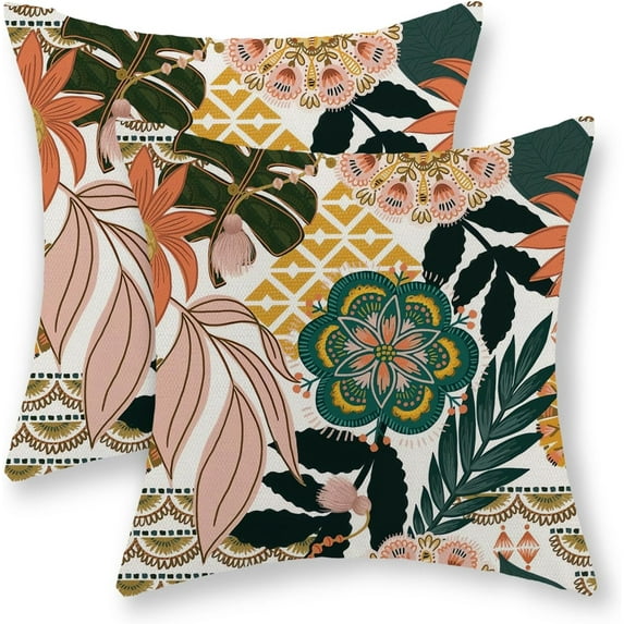 Boho Floral Pillow Covers 18x18 Inch Set of 2, Flower Spring Throw Pillows Rustic Vintage Decorative Summer Tropical Palm Leaves Pillowcase Linen Bohemian Outdoor Cushion Case for Home Decor