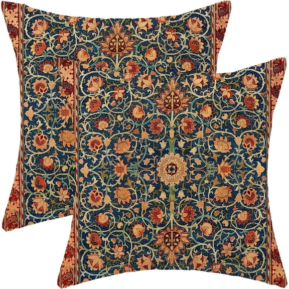 Boho Floral Pillow Covers 18x18 Set of 2, William Morris Flower Pattern Design Decorative Throw Pillows Bohemian Vintage Farmhouse Cushion Pillow Covers for Sofa Couch Bed Outdoor Decor