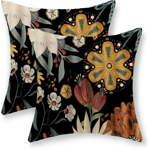 Boho Floral Pillow Covers 20x20 Set of 2, Spring Summer Vintage Flowers Throw Pillows Modern Abstract Farmhouse Decorations Black Pillowcase Linen Bohemian Outdoor Cushion Case for Couch Home