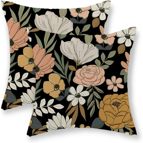 Boho Floral Pillow Covers 20x20 Set of 2, Vintage Flowers Summer Spring Throw Pillows Rustic Modern Farmhouse Decorative Black Pillowcase Linen Bohemian Outdoor Cushion Case for Sofa Home Decor