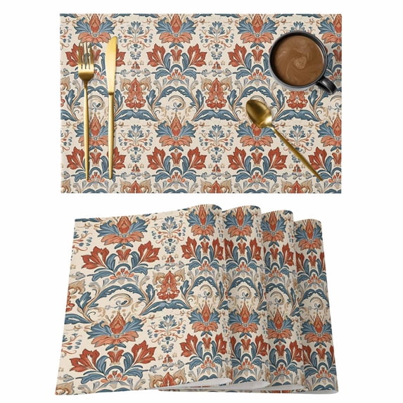 Boho Floral Placemats Set of 12 Farmhouse Vintage Red Blue Flower Plant Place Mats Indoor Wipeable Table Mats Washable Cloth Dining Table Placemats for Kitchen Holiday Party Home Decor 13x19 Inch