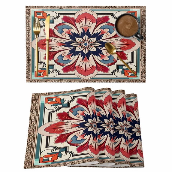 Boho Floral Placemats Set of 2, Abstract Geometric Texture Non-Slip Place Mats Washable Table Mats for Kitchen Dining Table Decorations Indoor/Outdoor