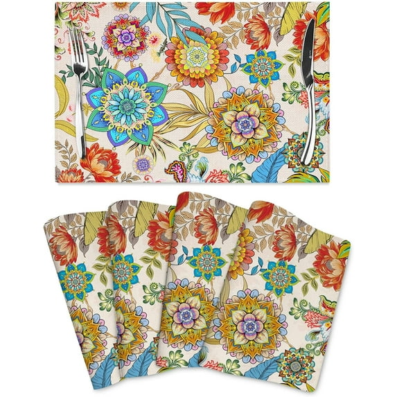 Boho Floral Placemats Set of 4 Linen 12"x18" Colorful Flowers Table Mats for Kitchen Dining Table Holiday Party Heat Resistant Washable Spring Summer Farmhouse Bohemian Mandala Place Mats