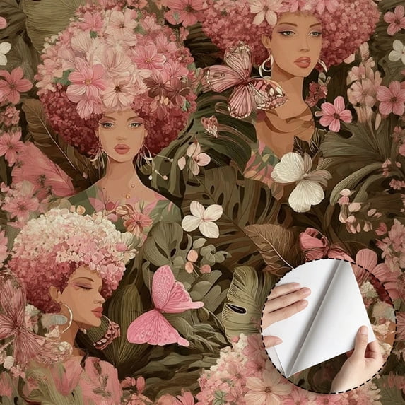 Boho Floral Portrait Wallpaper, Vintage Botanical Lady Aesthetic Wall Decoration, Self adhesive and removable, waterproof, for Living Room, Bedroom, Bathroom, Drawer, 17.7 * 118 in