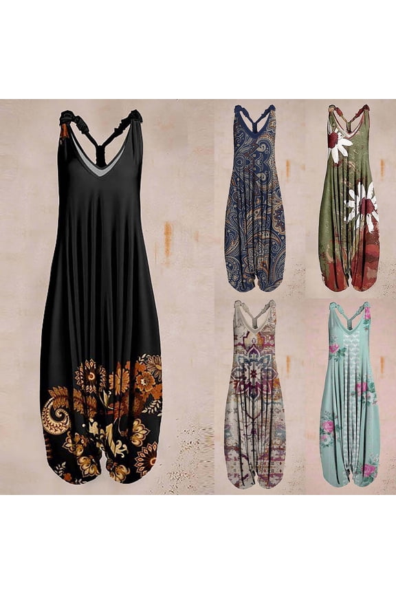 Boho Floral Print Harem Jumpsuit Women Spaghetti Strap Loose Fit Overalls Blue 2XL