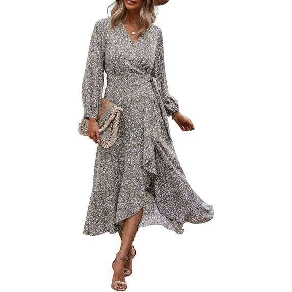Boho Floral Print High Split Long Sleeve Wrap Maxi Dress with Belt