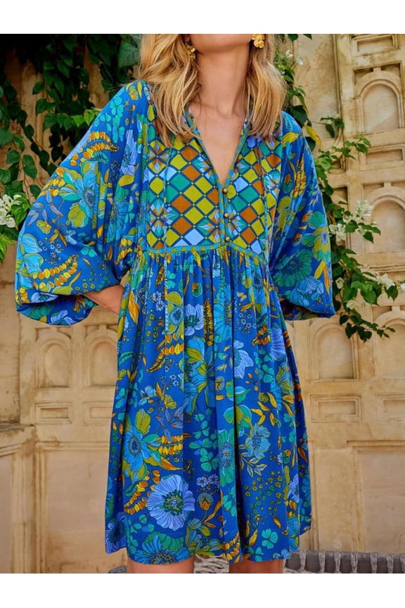 Boho Floral Print Lantern Sleeve Mini Dress, V-Neck High Waist Loose Babydoll Gown, Elegant Vacation Beach Party Short Dress For Woman