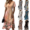 thumbnail image 1 of Boho Floral Print A Line Midi Casual Dress Women's V Neck Short Sleeve Dress Summer Outfit Flowy Lightweight Party Wear Vacation Retro Chic Dark Blue M, 1 of 6