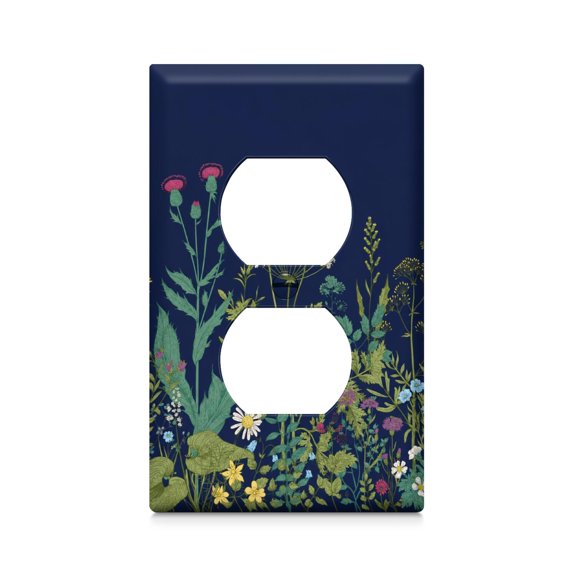 Navy Blue, Black and Green Bold Garden Floral Single Duplex Switch & Outlet Plate, PC Cover for Home