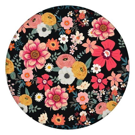 Boho Floral Print Round Tablecover with Elastic Hem 44 Inch Fits 38-42 Tables Easy Clean Surface Everyday Dining Events