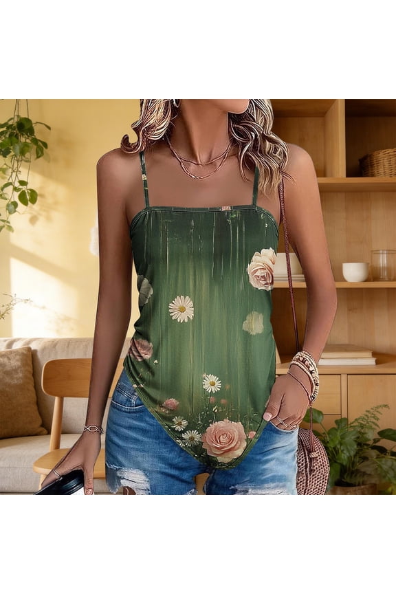 Boho Floral Print Tank Top for Women Leaf Pattern Camisole Spaghetti Strap Square Neck Handkerchief Hem Slim Fit Stretchy Breathable Summer Beach Top