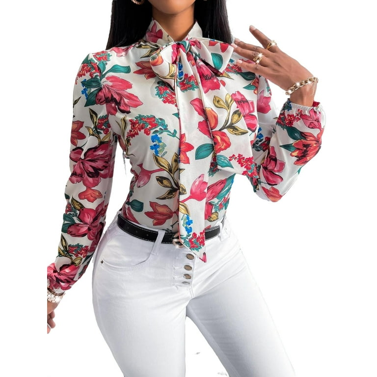 Boho Floral Print Tie Neck Top Long Sleeve Multicolor Women Blouses Women s