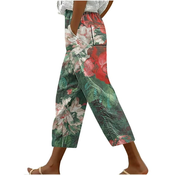 Boho Floral Print Women's Summer Casual Beach Pants Loose Fit Straight Wide Leg Capris Comfy High Waist Capri Pants