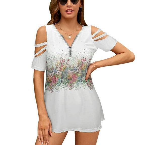 Boho Floral Print Womens Summer V Neck Zipper Top Short Sleeve T Shirt Off Shoulder Top Casual Classy Loose Shirts