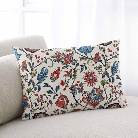 Boho Floral Queen Size Pillow Cover, Pillowcase Protectors with Zipper, Breathable Decorative Throw Pillow Case Cover, Blue Red Flower Vintage Petals Branch Leaf Pillow Shams for Couch Sofa 20x30Inch