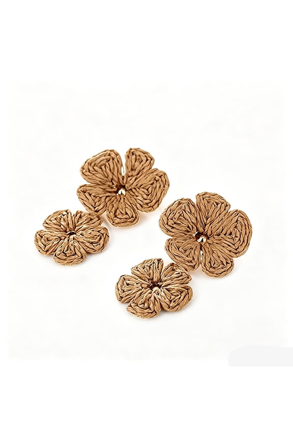 Boho Floral Raffia Dangle Earrings, Hand Woven Double Flower Statement Drop Jewelry for Women Summer Beach Vacation