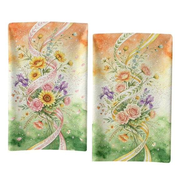 Boho Floral Ribbon Kitchen Towels, Watercolor Sunflowers, Roses & Irises, Absorbent Hand Towels for Kitchen, 2 Pack, 24x16in/Pc