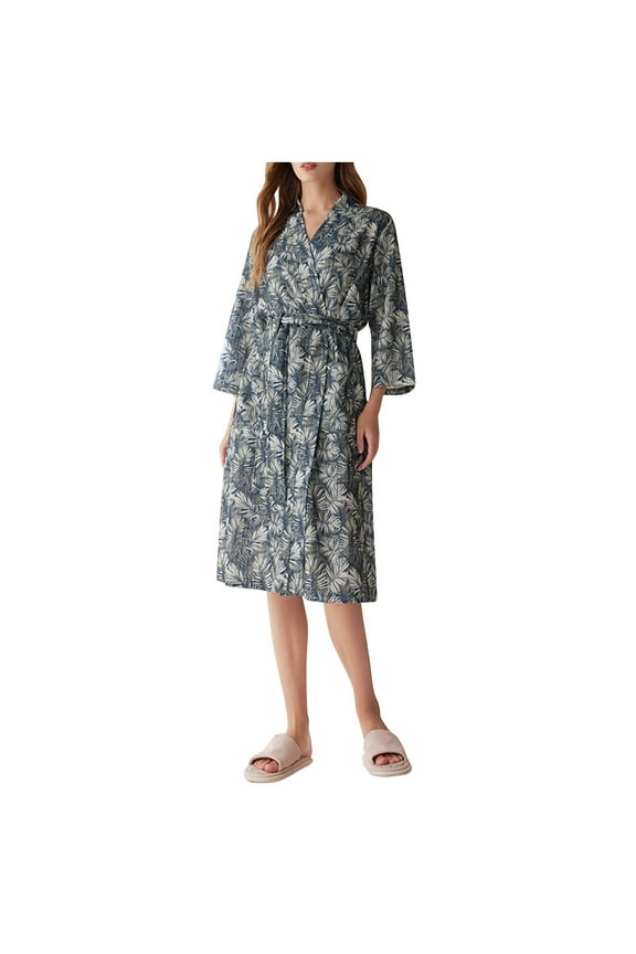 Boho Floral Robes for Women Lightweight Soft Waffle Bathrobe Casual Loungewear 3/4 Sleeve Shower Spa House Robes