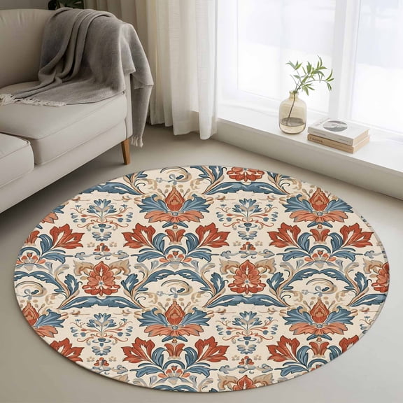 Boho Floral Round Area Rug 3.3 FT, Non Slip Small Entryway Kitchen Mat, Farmhouse Vintage Red Blue Flower Plant Washable Soft Circular Rug Non-Shedding Door Mat for Bathroom Playroom Kids Room