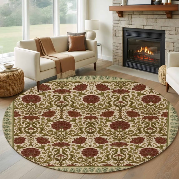 Boho Floral Round Area Rug 6Ft Washable Circle Rugs for Bathroom Office, Modern Geometric Ethnic Abstract Flowers Red Green Non-Slip Carpet Floor Mats Indoor Outdoor Carpet Runner Home Decor