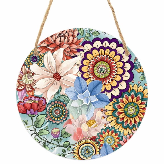 Boho Floral Round Front Door Welcome Sign, 5.9 Inch Wall Hanging Decor for Indoor Outdoor, Bohemia Colorful Mandalas Botanical Flower Home Porch Hanger Decorations for Holiday Gift