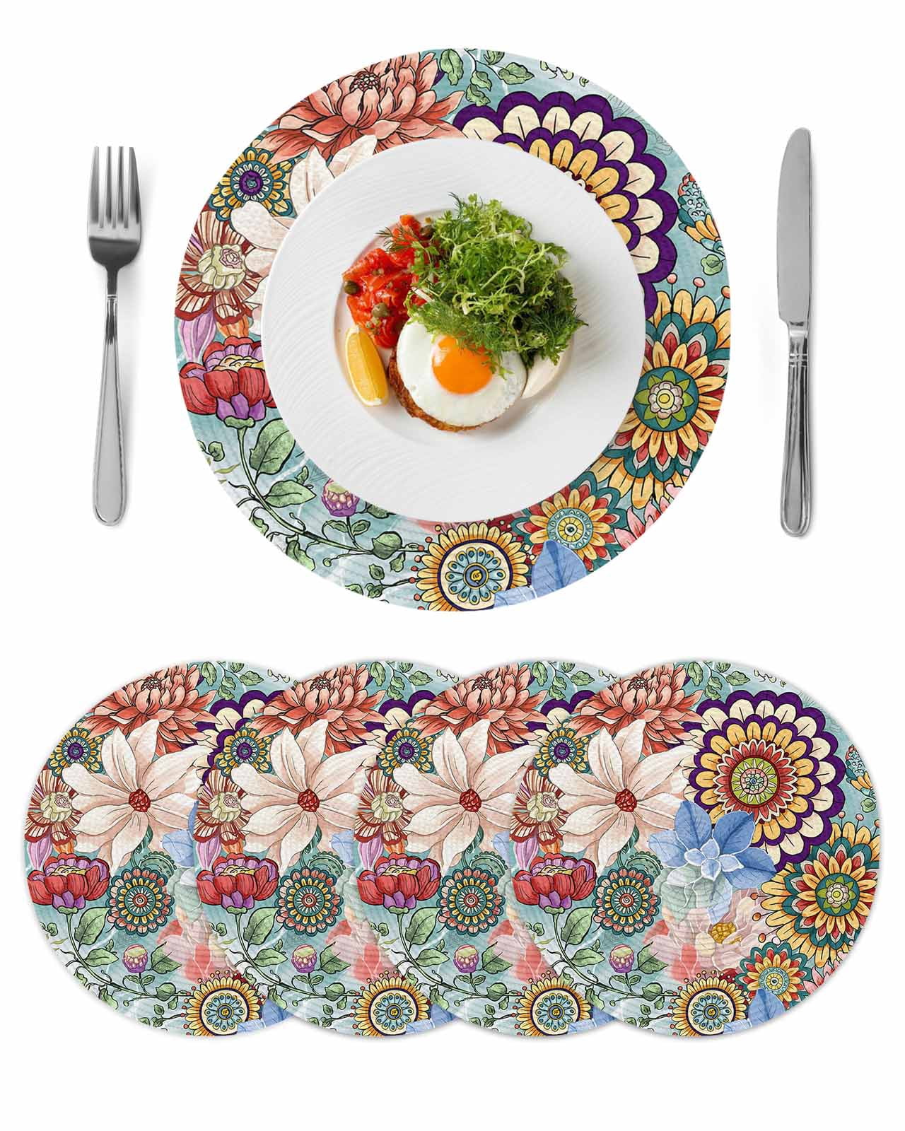 Boho Floral Round Placemats Set of 4, Braided Polypropylene Place Mats ...