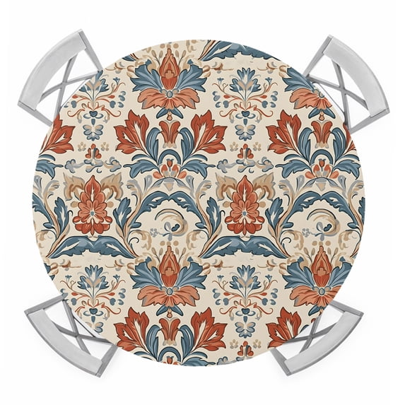 Boho Floral Round Tablecloth for 36-44 Inch Tables,Fitted Table Cover with Elastic Edge,Farmhouse Vintage Red Blue Flower Plant Waterproof Outdoor Table Cloth Protector for Patio Garden Dinner Picnic